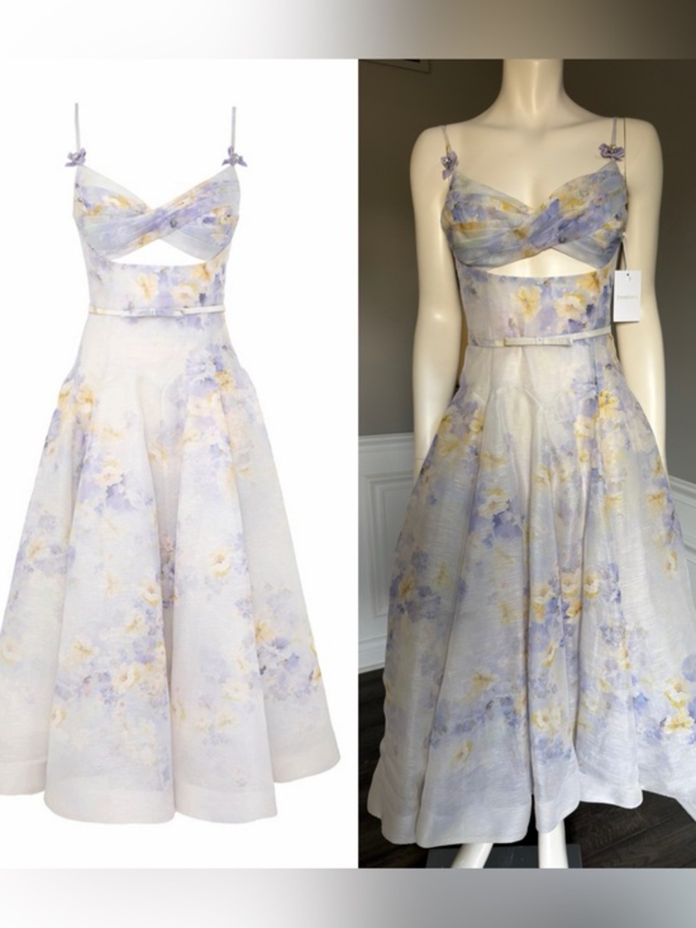 ZIMMERMANN Twist Crush Belted Embellished Midi Dress LILAC FLORAL Sz 0 NWT $1850